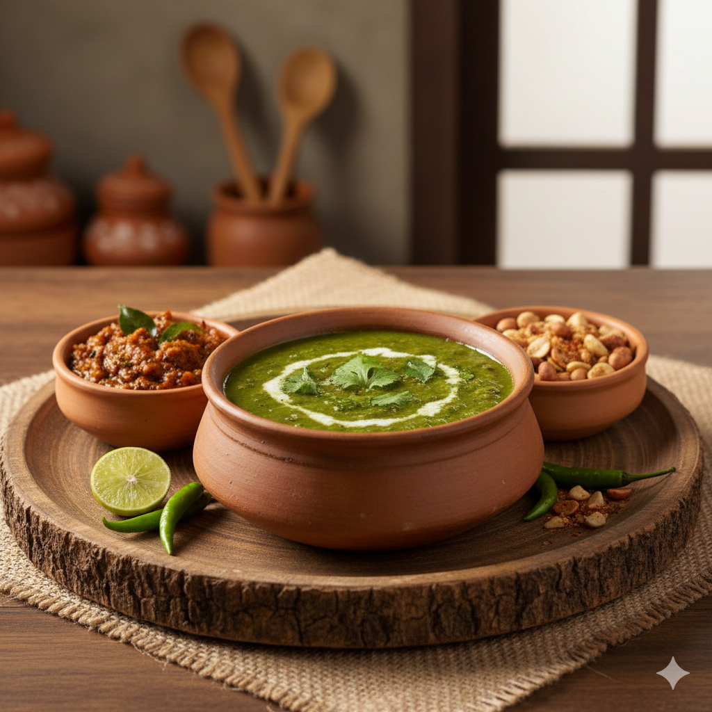 Green Dal kanji + Onion chutney and Peanut bowl