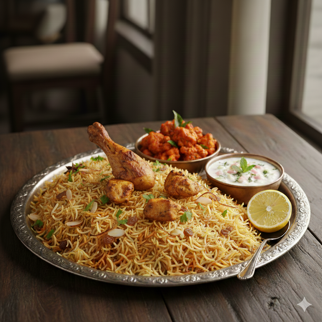 Mandhi chicken briyani + Gobi 65 and Raita