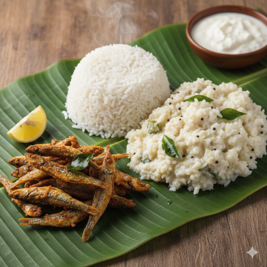 Boiled Rice + Nethili Fish Curry + Curd