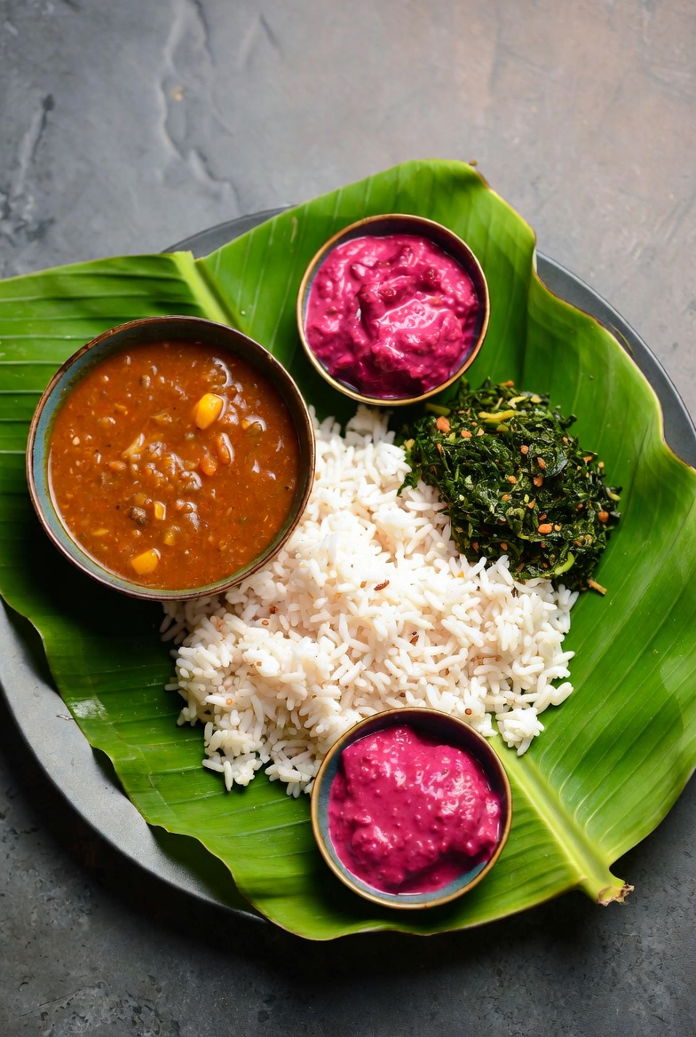 Boiled Rice + Sambar +  Keerai Poriyal and beetroot pachadi