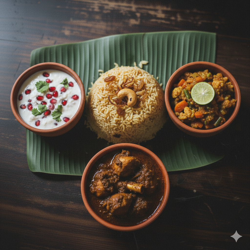 Ghee Rice (Kerala Style) + Chettinad Chicken curry + Mixed Veg Sabzi and Pomegranate raita