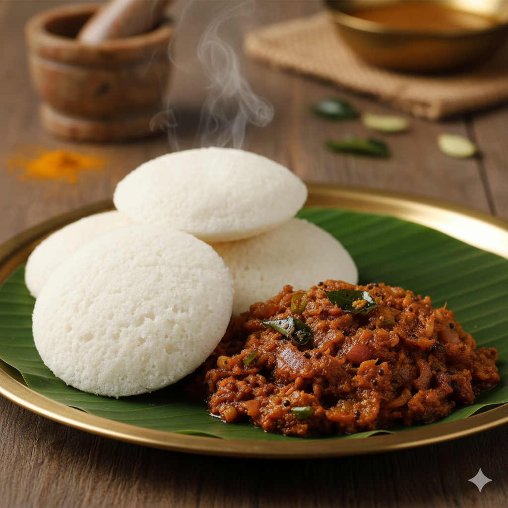 Vengaya Puli Chutney + Idly