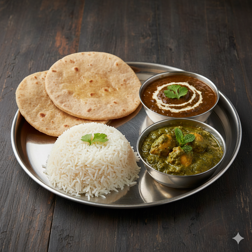 Chapathi + Boiled Rice + Dal Makhani + Hariyali chicken curry