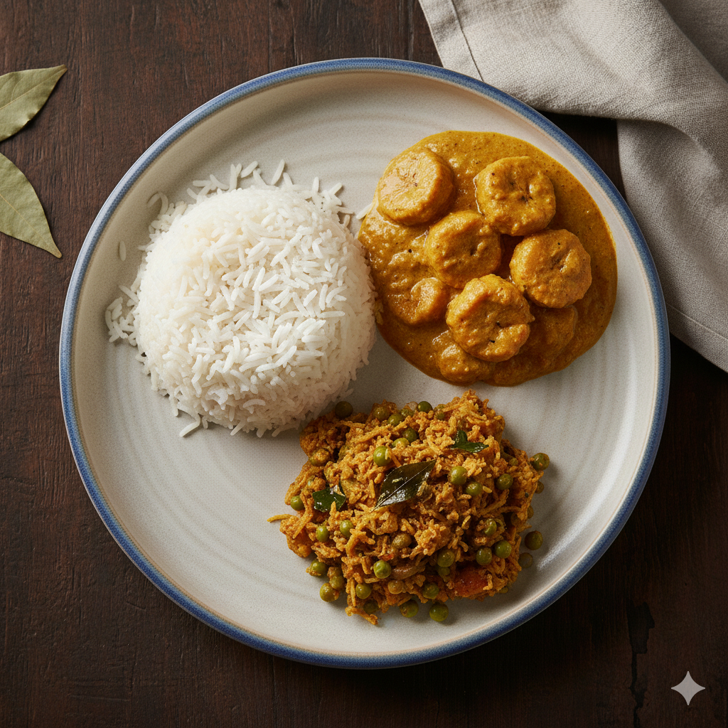 Boiled Rice + Gadi + Soya Chunks Fry + Bottle guard kootu