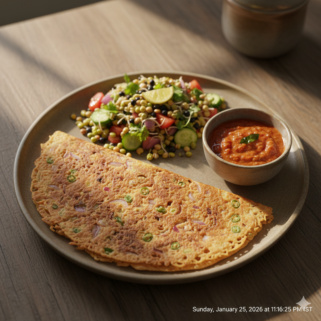Onion Rava Dosa + Sprouts Salad + Tomato Chutney